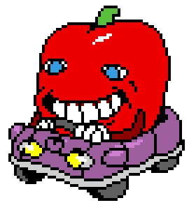 a pixel art drawing of a red apple with blue eyes