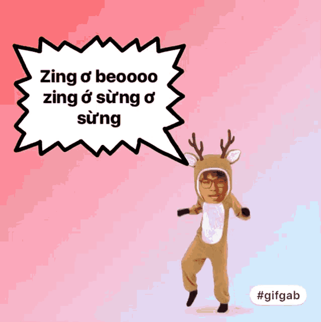 a man in a reindeer costume has a speech bubble that says zing o beoooo
