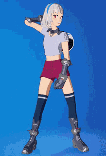 a cartoon of a girl with shorts and knee high socks on a blue background