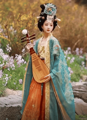 a woman in a blue and gold dress holds a musical instrument