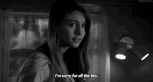 a black and white photo of a woman with long hair saying `` i 'm sorry for all the lies '' .