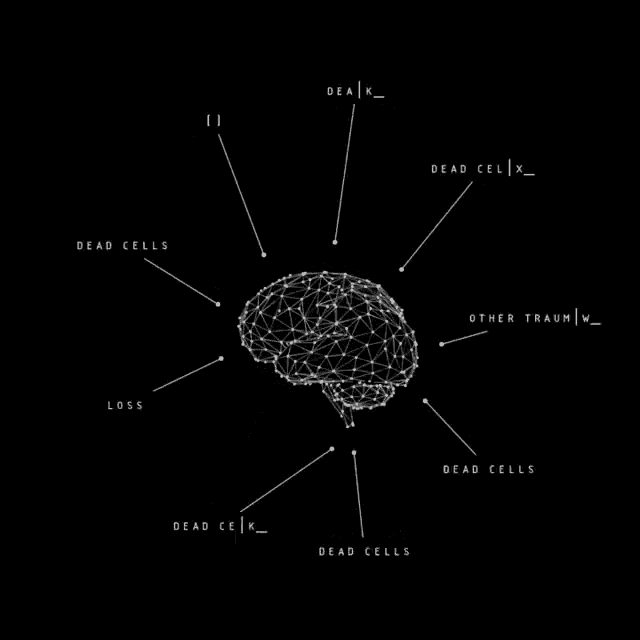 a drawing of a brain with the words other trauma dead cells and loss