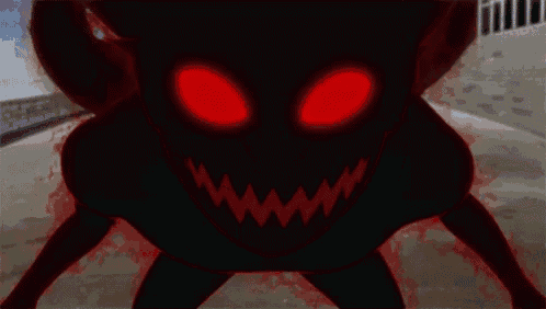 a demon with red eyes and sharp teeth is standing in the dark