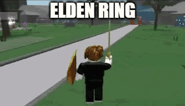 a person is holding a sword and shield in a video game and the words elden ring are above them .