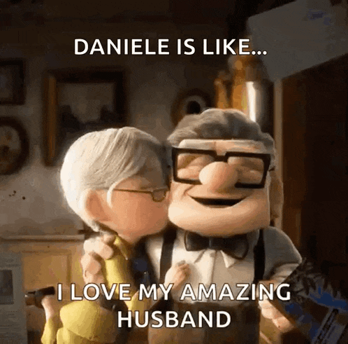 a cartoon of a man kissing a woman with the caption daniele is like i love my amazing husband