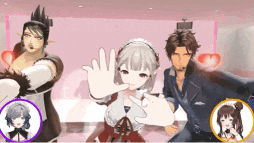 a group of anime characters are dancing in a room with pink walls