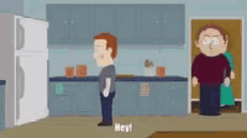 a cartoon of two men standing next to each other in a kitchen and one of them says hey .