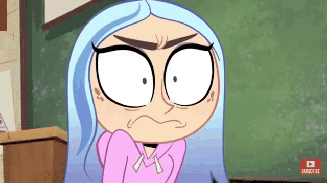 a cartoon of a girl with blue hair making a funny face with a subscribe button in the corner