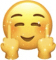 a yellow smiley face is giving the middle finger with its eyes closed .