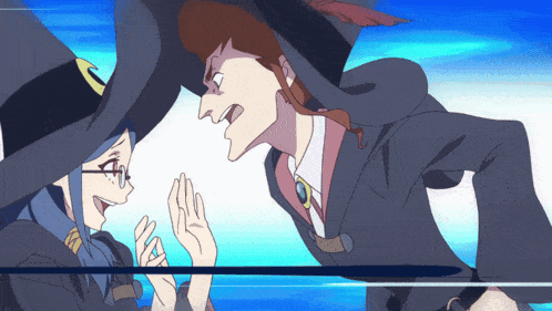 two witches are standing next to each other and one has a crescent moon on her hat