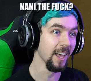 a man with blue hair is wearing headphones and smiling with the words nani the fuck written above him