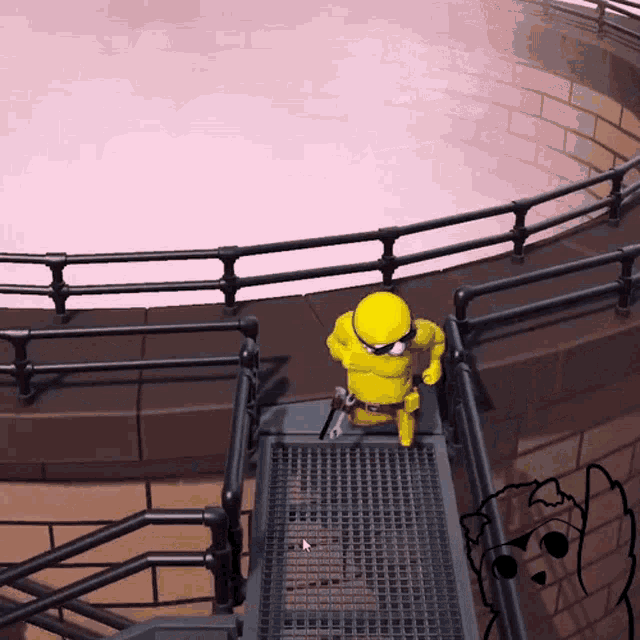 a cartoon character wearing a yellow helmet and sunglasses stands on a metal platform
