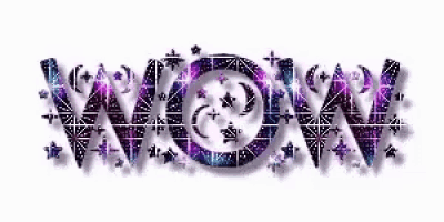 the word wow is written in purple and blue with a galaxy background .
