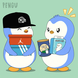 a cartoon of two penguins holding a can of milk and a box