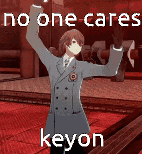 a man in a suit and tie is dancing with the words no one cares keyon