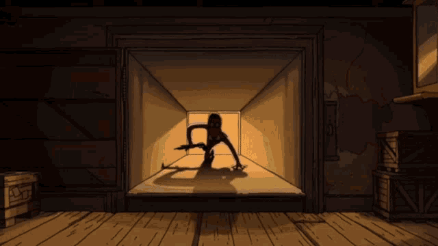 a cartoon drawing of a person crawling out of a doorway
