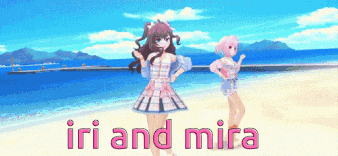 two anime girls on a beach with the words iri and mira