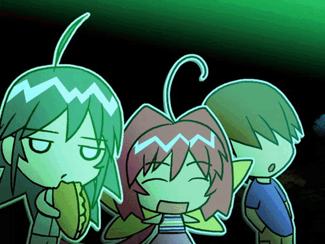 a cartoon of a girl eating a taco and a boy standing behind her