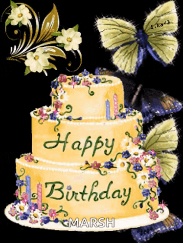 a birthday cake with flowers and butterflies and the words happy birthday marsh