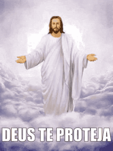a picture of jesus in the clouds with the words deus te proteja above him