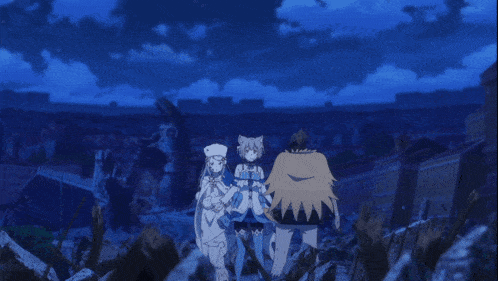 a group of anime characters are standing in a pile of rubble at night