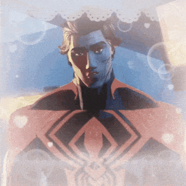 a man in a superhero costume is surrounded by hearts