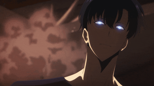a close up of a person 's face with glowing blue eyes