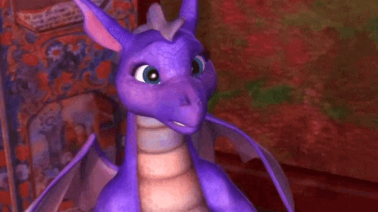 a purple dragon with its eyes closed is standing in front of a red wall .