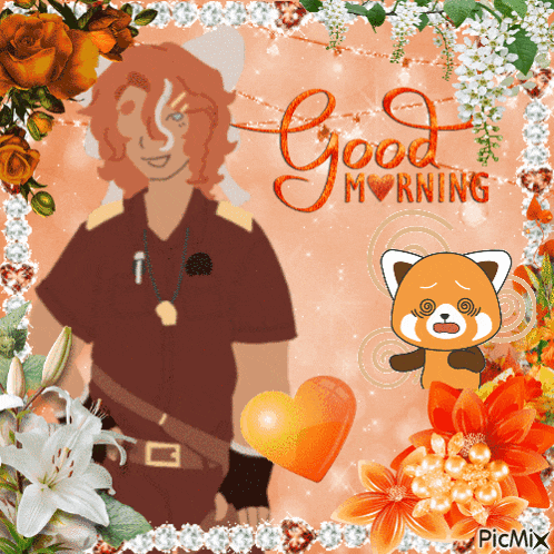 a picture of a man and a red panda with the words good morning on it