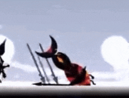 a cartoon character is flying through the air in a video game with a sword .