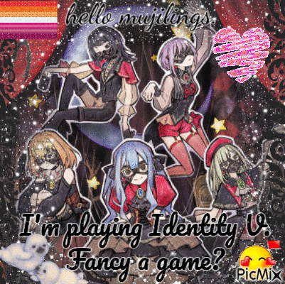 a picture of a group of anime girls with the words " i 'm playing identity v fancy a game "