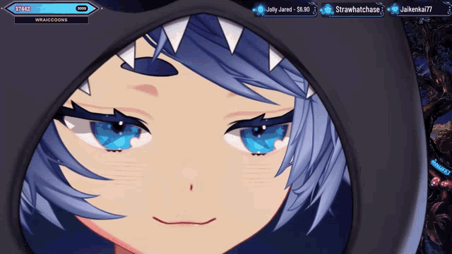 a girl with blue eyes is wearing a black hoodie