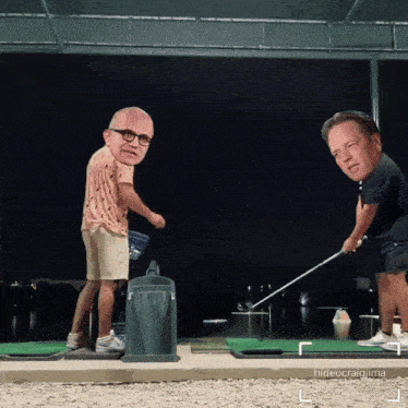two men are playing golf and one has a big head on his head
