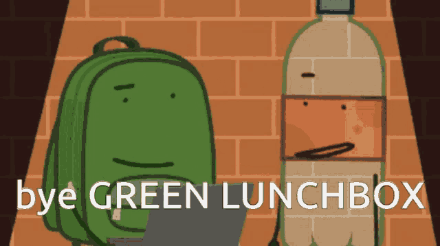 a cartoon of a green backpack and a bottle with the words bye green lunchbox below them