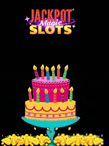 a birthday cake with candles and the words jackpot magic slots on the bottom