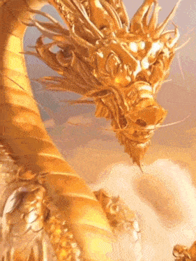 a golden dragon is flying through the air with a cloudy sky in the background .