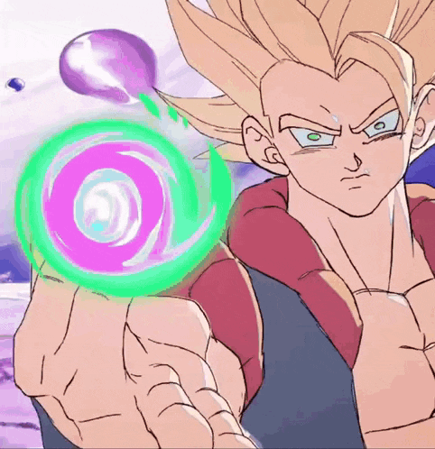 a drawing of a man holding a green and purple circle