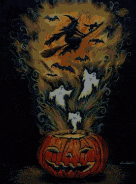 a painting of a pumpkin with ghosts coming out of it and a lightning bolt