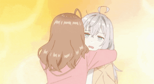 a cartoon of a girl hugging another girl with a sad look on her face