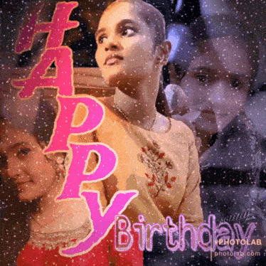 a happy birthday greeting card with a woman in the middle