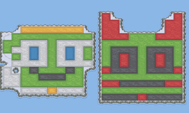 a cartoon drawing of two islands with different colored blocks