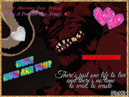 a picture of a wolf with hearts and the words hey how are you