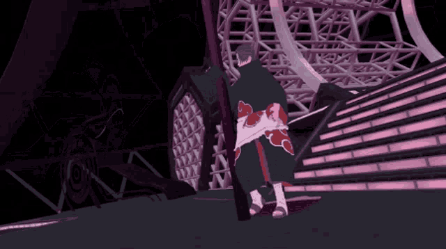 a cartoon character is standing in a dark room with a purple background