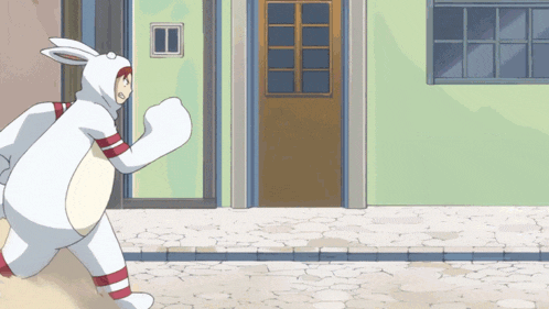 a cartoon character in a bunny costume is running down a sidewalk