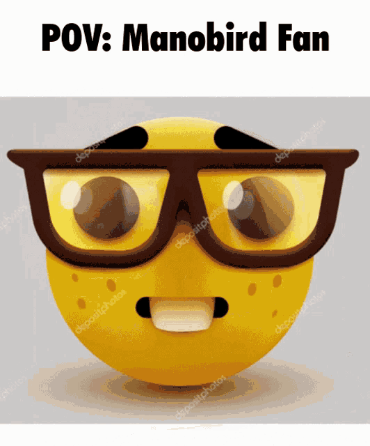 a yellow smiley face with glasses and the words pov manobird fan above it