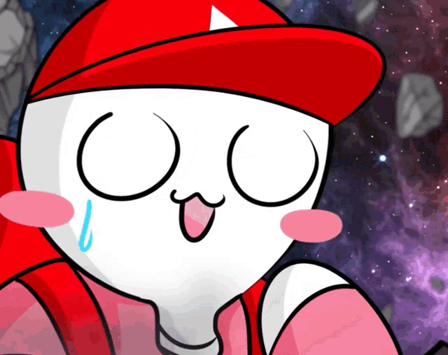 a cartoon character wearing a red hat and a pink jacket