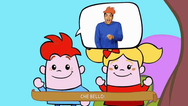 a boy and a girl are standing next to each other with a speech bubble above them that says che bello