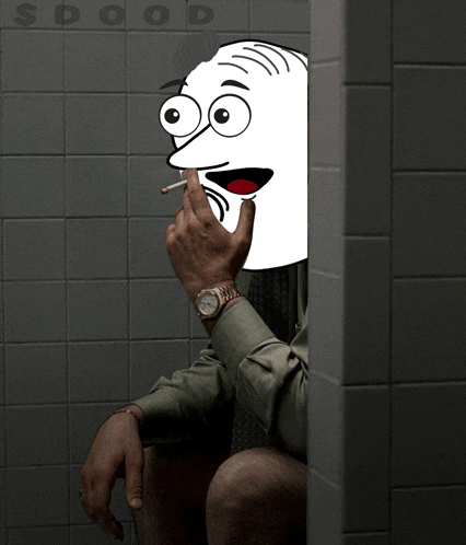 a man sitting on a toilet smoking a cigarette with a cartoon face behind him that says s dood