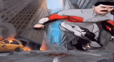 a cartoon of a man in a superhero costume jumping over a fire .