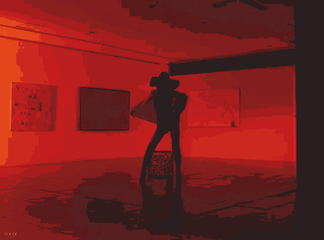 a silhouette of a person standing in a red room with the word twice on the bottom